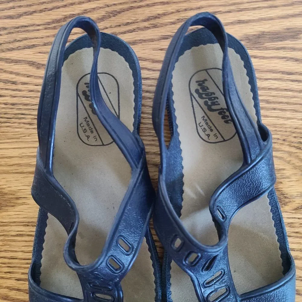 Vintage Women's Happy Feet Navy T-Strap Sandals Size 24 CM ~7 US Made Corona, CA